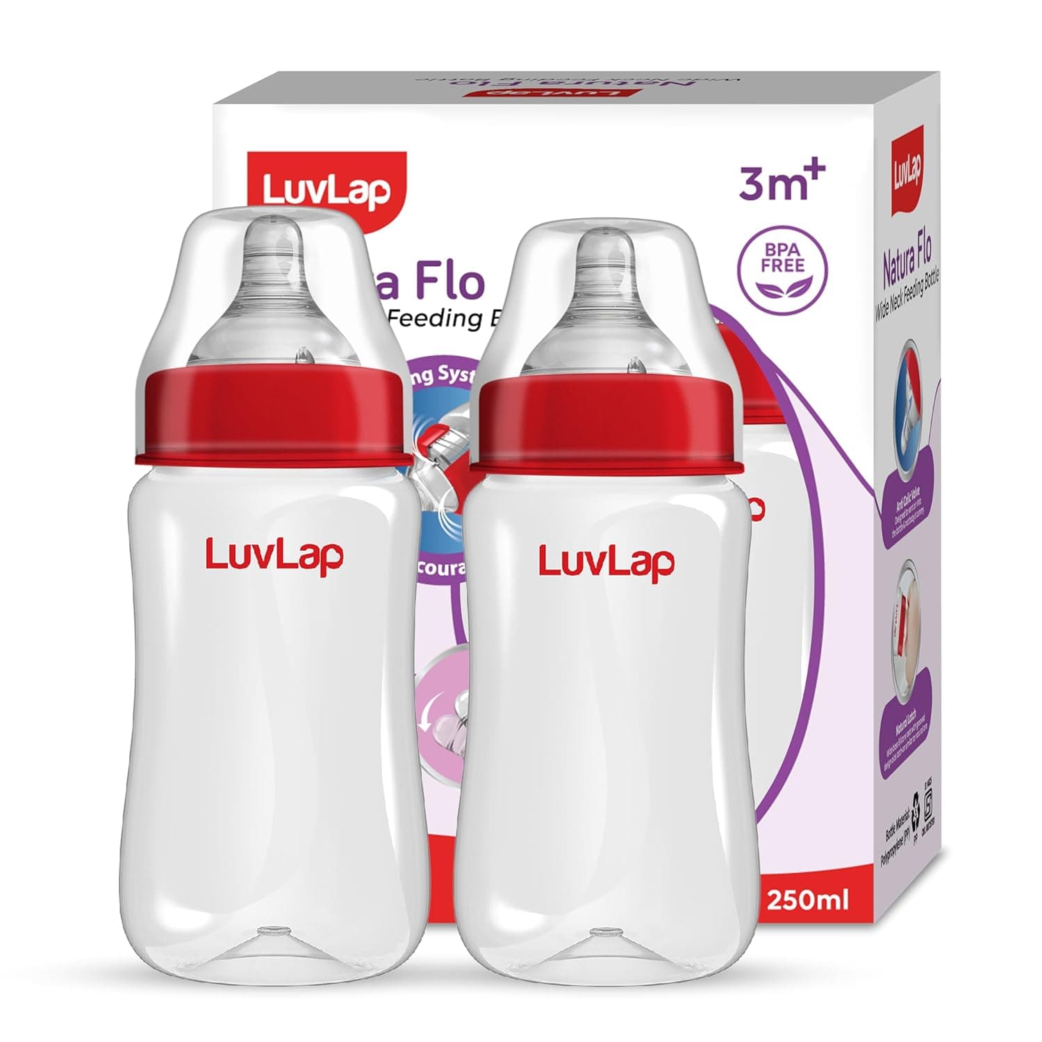 Luvlap Anti-Colic Wide Neck Natura Flo Baby Feeding Bottle 250Ml